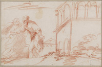 H 042
<br/>
Twee mannen in landschap bij gebouw met portico
<br/>
<em>Mola, Pier Francesco (1612-1666)</em>
